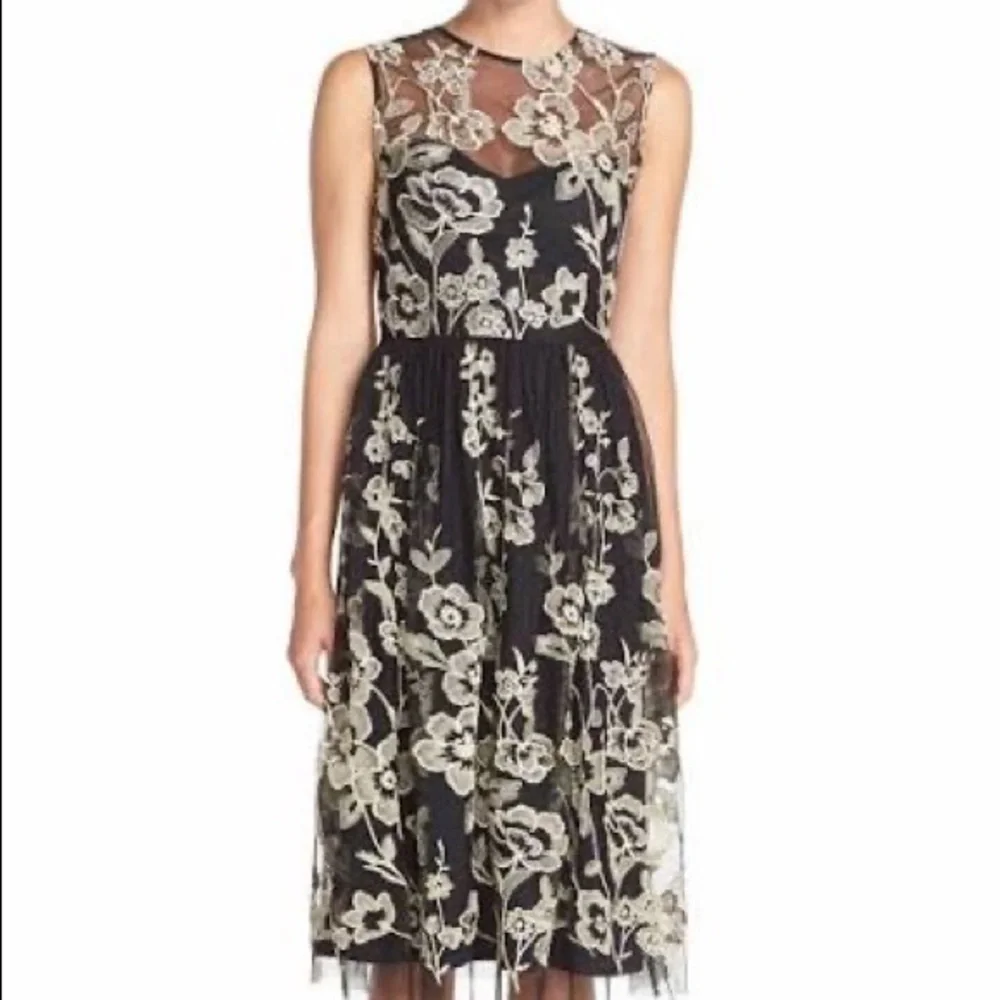 Beige‎ by eci Black Taupe-Gold Embroidered Mesh Cocktail Social Dress S…